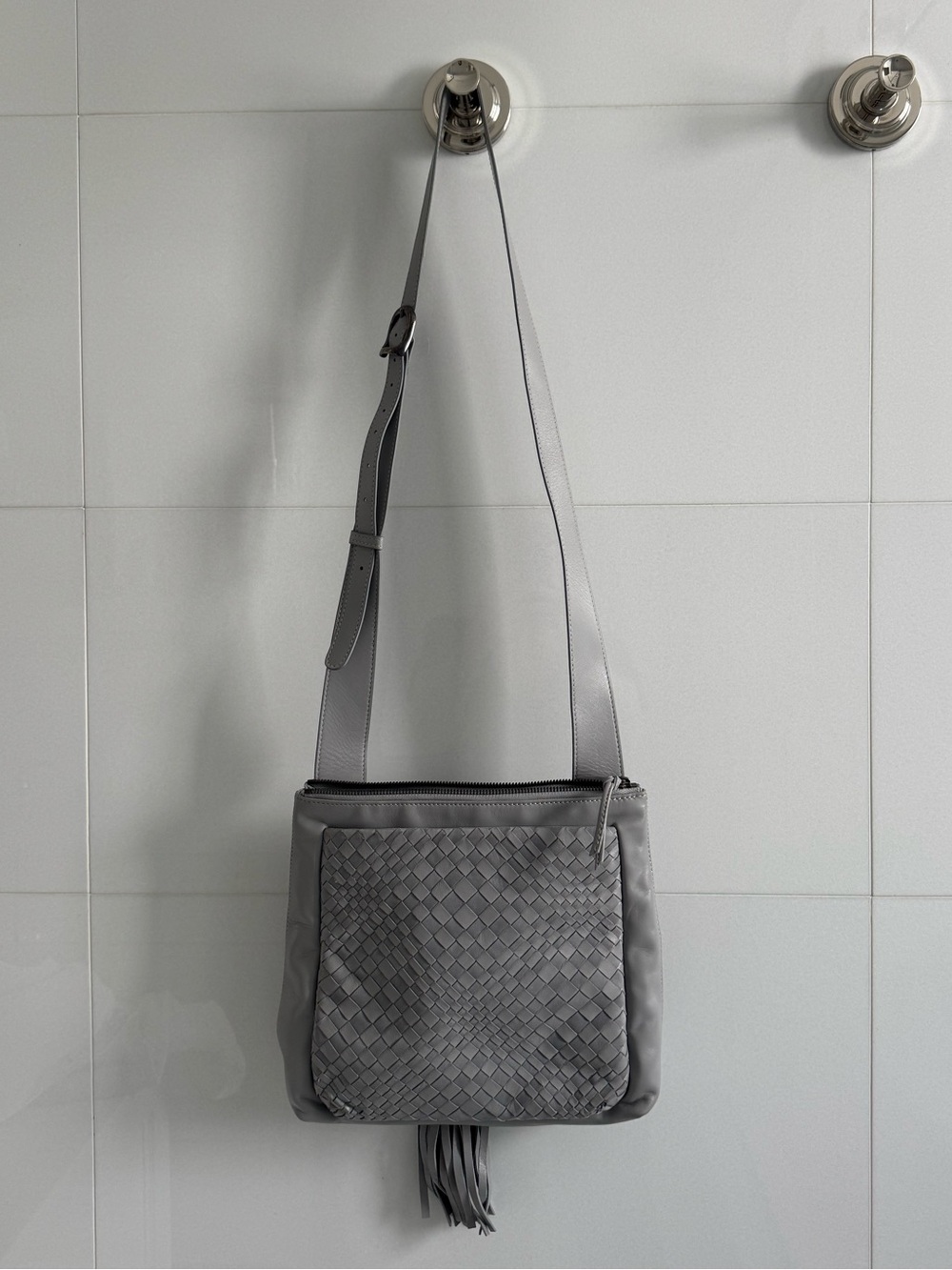 Gray Woven Leather Crossbody Bag in Grey.